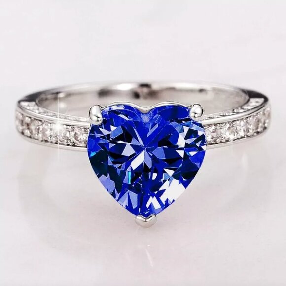 925 Sterling Silver Sapphire Diamond Heart Ring - Picture 4 of 4